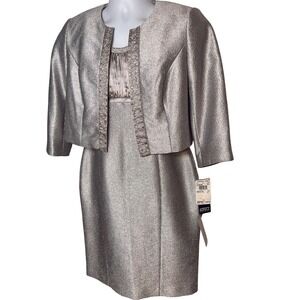 Adrianna Papell Occasions Silver Metallic Dress and Jacket Set Beaded Size 6
